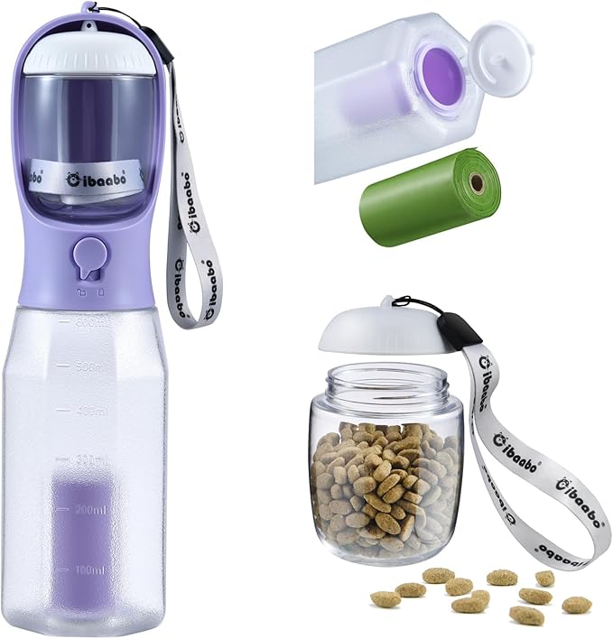 Dog Water Bottle with Food Container & Poop Bag Holder, Travel Water Bowl, Portable Pet Dispenser, Dog Gifts Stuff Accessories Items, Puppy Essentials for Yorkie Chihuahua Walking Hiking