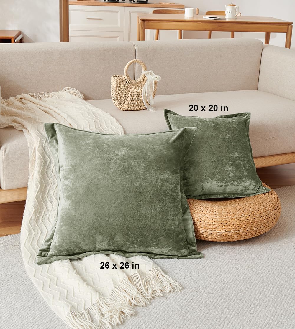 Luxurious Velvet Euro Shams Decorative Throw Pillow Covers 26x26 Set of 2 Solid Square Euro Pillow Shams for Sofa Couch Bedroom, Army Green