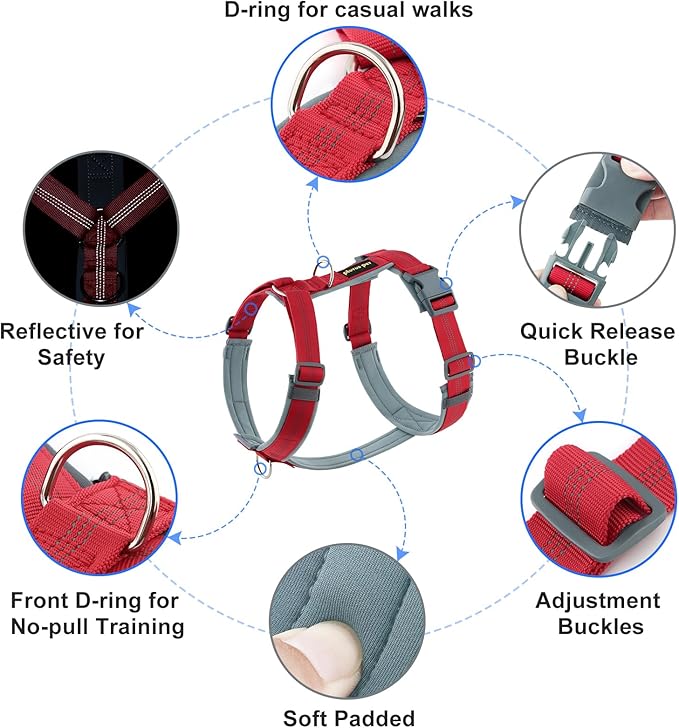 Plutus Pet No Pull Dog Harness, Adjustable Nylon Harness with Soft Padding, Reflective and Heavy Duty Dog Harness for Small, Medium, Large Dogs(Red, S)