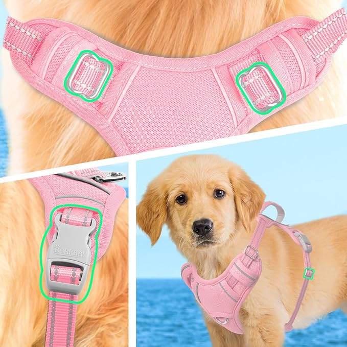BARKBAY No Pull Dog Harness Large Reflective Dog Harness with Front Clip and Easy Control Handle for Walking Training Running with ID tag Pocket(Baby Pink,XS)