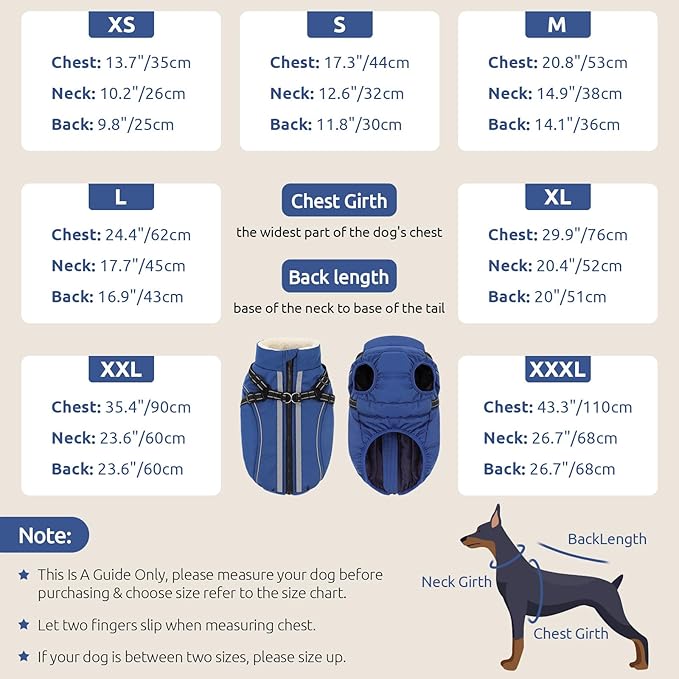 Dog Winter Coat with Harness Built in Warm Puffer Dog Jackets for Small Medium Large Dogs Windproof Waterproof Outfit with Plush Lining and Reflective Stripes (Blue, 3XL)