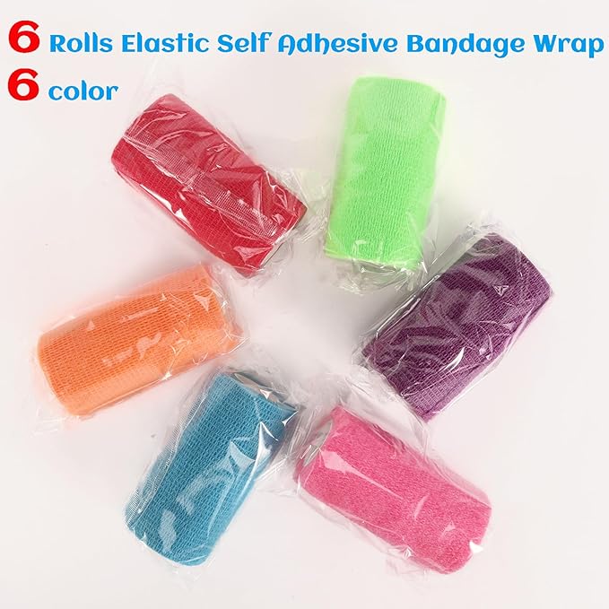 6 Rolls Elastic Self Adhesive Bandage Wrap 4 Inch, Breathable Non Woven Cohesive Bandage, Vet Wrap for Dogs, Ankle Sprains Swelling Medical First Aid Tape, Sports Athletic Tape Color