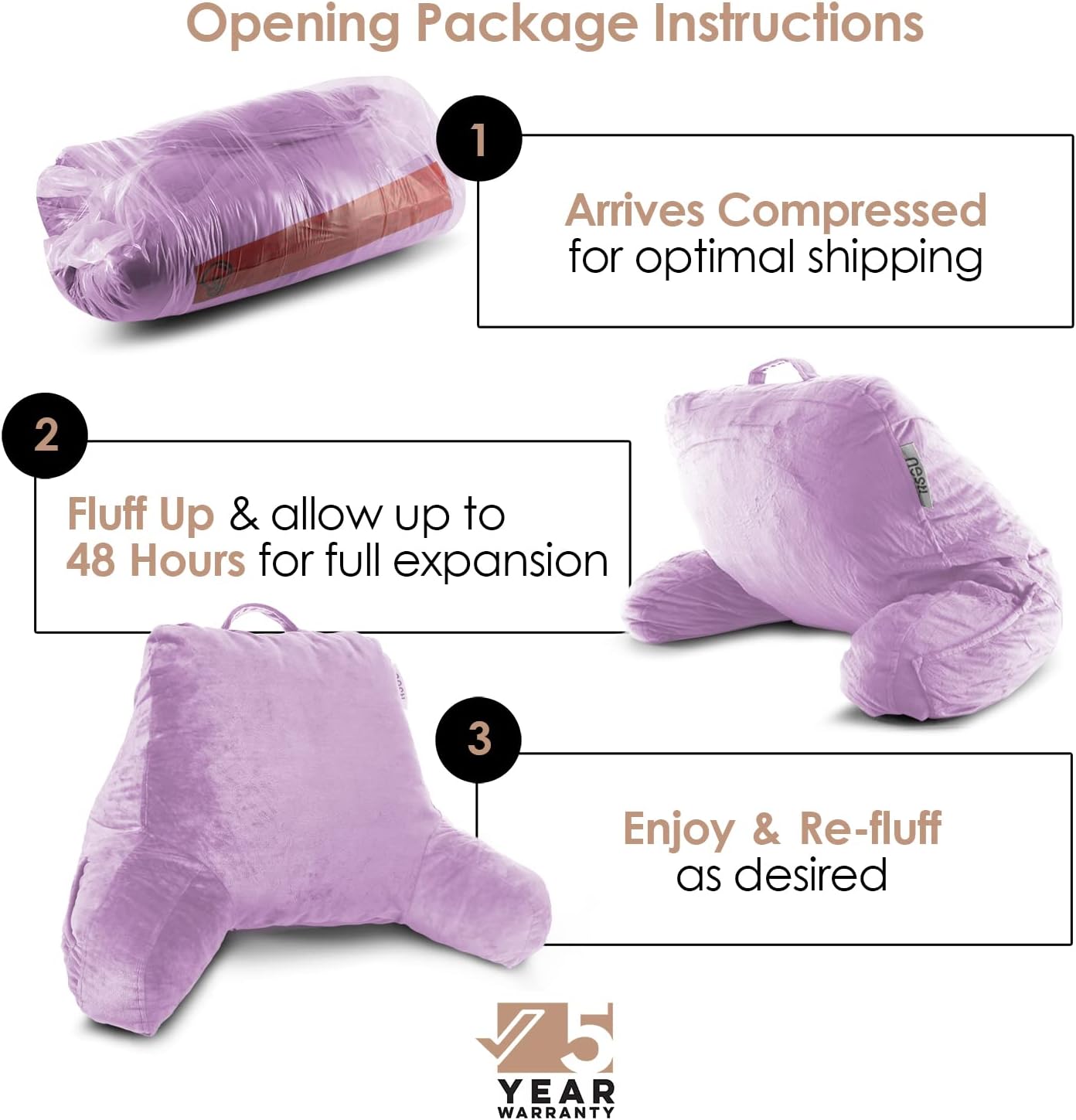 Nestl Reading Pillow with Shredded Memory Foam, Designed for Sitting Up in Bed and Couch, Back and Arms Adjustable Support for Adult & Teens Backrest Pillows for Reading, with Washable Cover Lavender