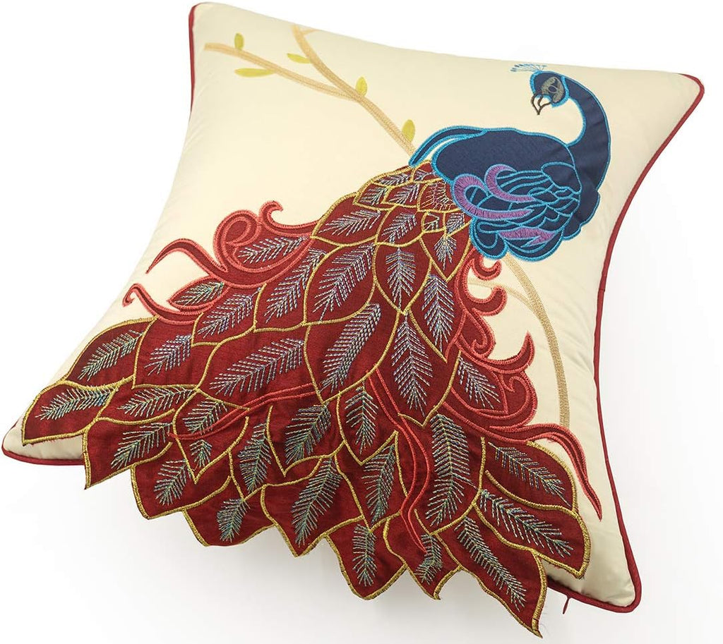 vctops Embroidered Peacock Decorative Throw Pillow Case Silky Satin Cushion Cover Red2 18"X18"