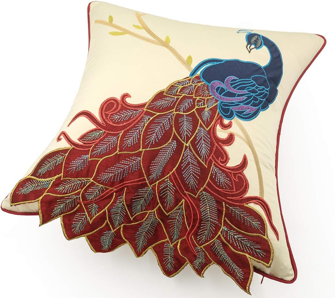 vctops Embroidered Peacock Decorative Throw Pillow Case Silky Satin Cushion Cover Red2 18"X18"