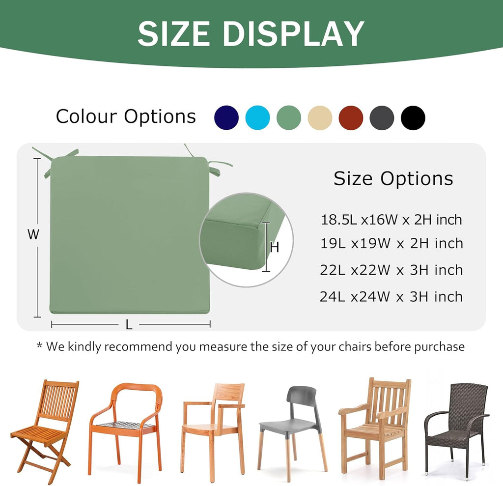 Outdoor Chair Cushions Set of 2: Waterproof & Fade Resistant Deep Seat Cushion for Patio Furniture - 24 x 24 Inch Chair Pad with Ties and Hidden Zipper - Patio Chair Cushion Replacement, Sage Green