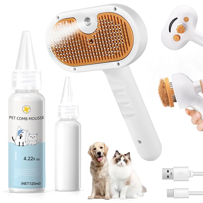 Pet Steam Brush for Dog & Cat - 3-in-1 Steam Grooming Brush for Shedding & Hair Removal - Self Cleaning Spray Comb with Mist for Long Haired Pets - Includes 1*Waterless Shampoo, Yellow