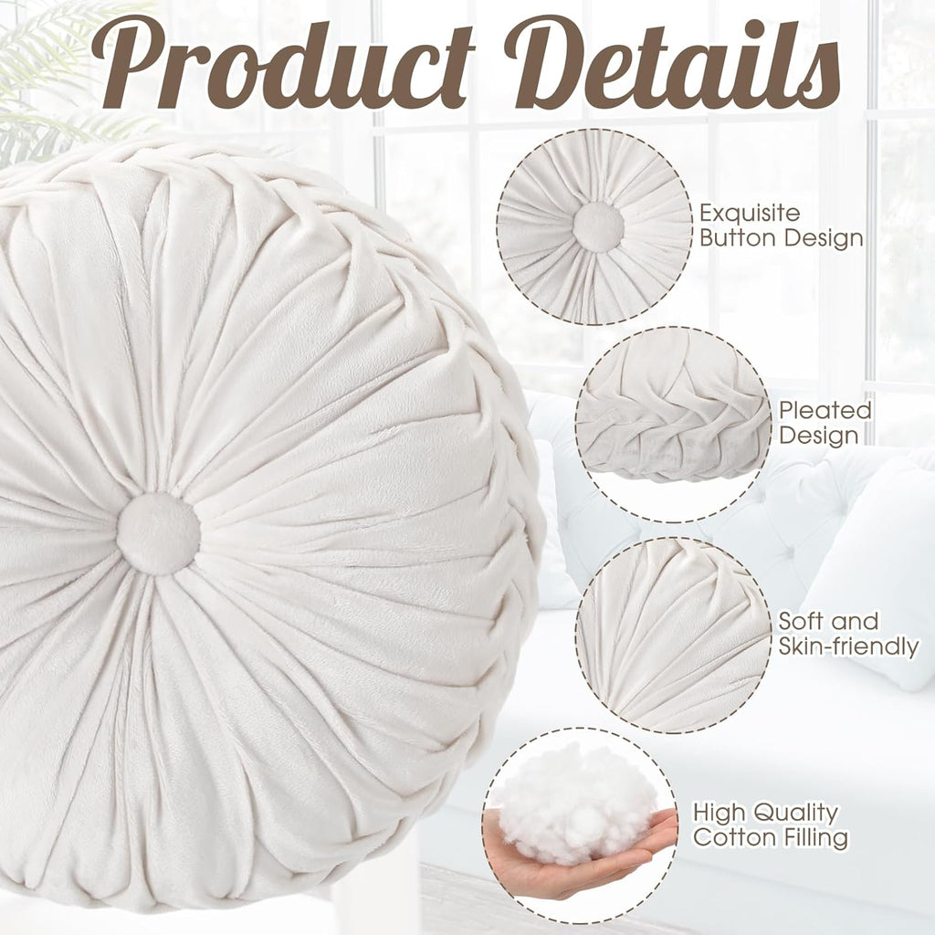 4 Pcs Round Throw Pillows 15 Inch Decorative Velvet Pleated Pumpkin Floor Boho Pillows for Living Room Couch Chair Bed Sofa (White)
