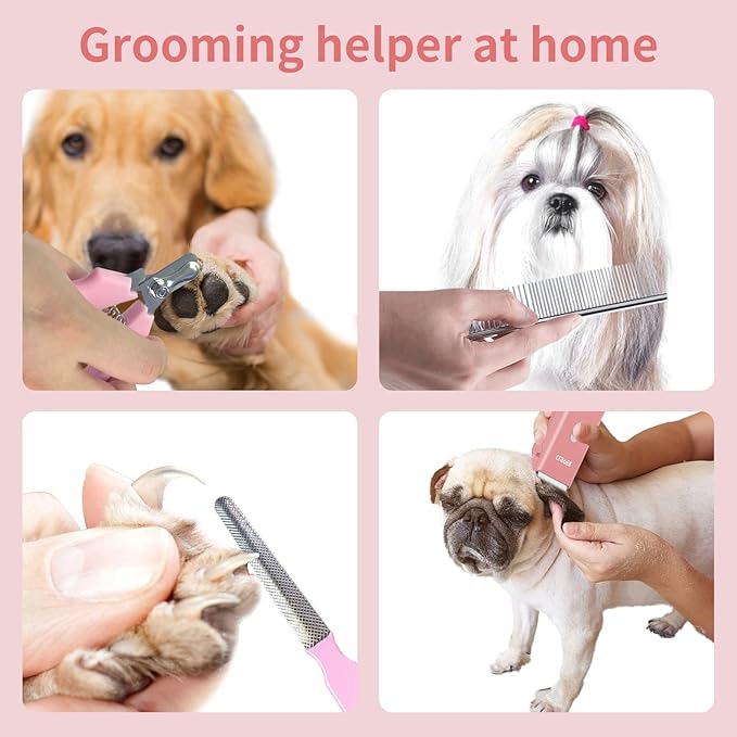 Pink Dog Cat Clippers, Home Professional Cordless Cat Grooming Tools for Dog Thick Coat Clippers, Low Noise Pet Hair Trimmer Kits with 9-Pieces
