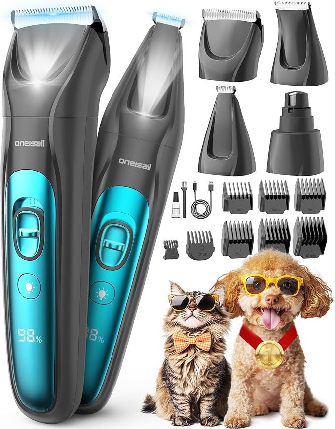 oneisall Quiet Dog Clippers for Grooming LED Light, Cordless Dog Grooming Kit 4 in 1, 2000mAh Pet Clippers Paw Trimmer Nail Grinder for Paw, Nail, Face, Ears, Legs, Body