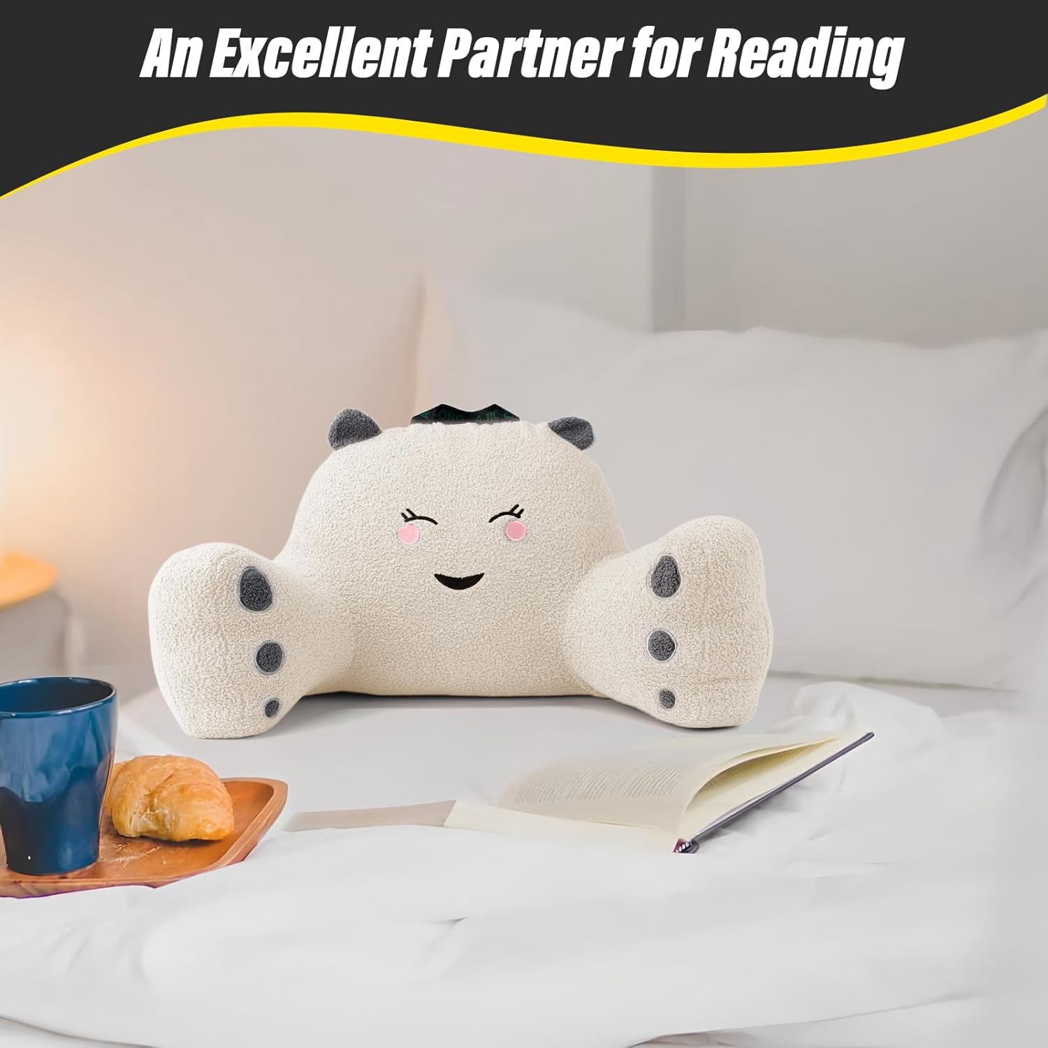 Reading Pillow for Sitting in Bed Couch Teens/Adult, Back Rest Pillow for Sitting Up in Bed with Shredded Memory Foam, Includes Arms and Washable Cover (White)