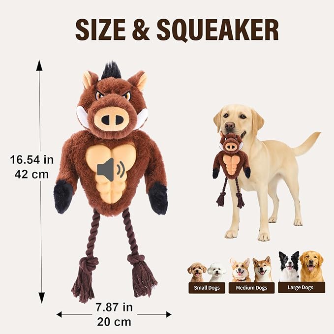 Extremely Durable Boar Chew Toy for Aggressive Chewers - Squeaky Rubber Chest & Rope Tug Legs for Large Breed Dogs