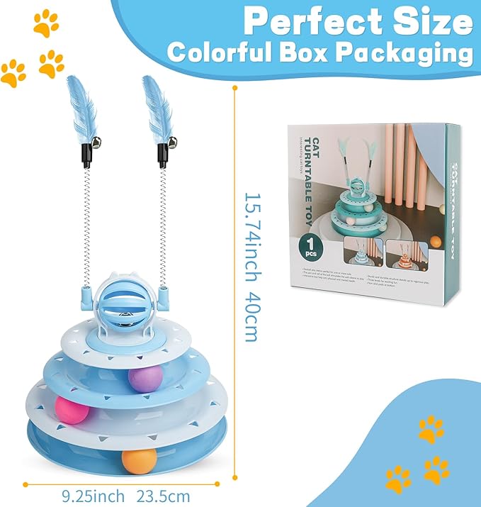 Cat Toy Interactive Pet Plaything for Indoor Kitten Interactive Kitty Puzzle Ball with 2 Cat-Tease (Blue)