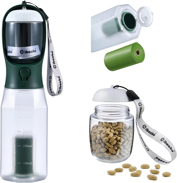 Dog Water Bottle with Food Container & Poop Bag Holder, Travel Water Bowl, Portable Pet Dispenser, Dog Gifts Stuff Accessories Items, Puppy Essentials for Yorkie Chihuahua Walking Hiking