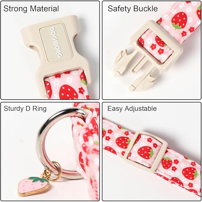 DOGWONG Cotton Handmade Daisy Flower Dog Collar Cute Pink Strawberries Dog Collars with Pendant for Girl Boy Dogs,XS