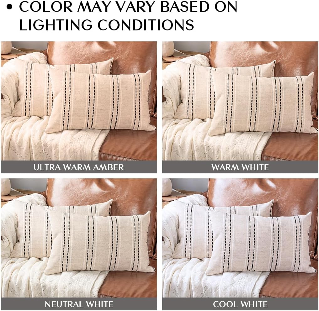 AELS 12x20 Decorative Farmhouse Linen Throw Pillow Covers, Boho Textured Pillow Case, Set of 2, Beige with White & Black Stitch Yarn Dyed Stripe Cushion Cover for Sofa Couch Living Room (Cover ONLY)