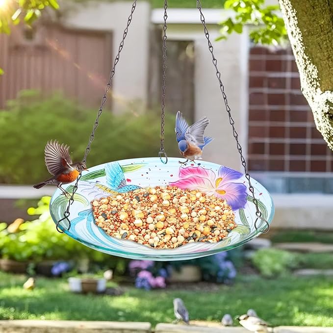 MUMTOP Hanging Bird Baths for Outdoors - Glass Bird Bath, 12 Inch Hanging Bird Bath Bird Feeder Bowl for Outside, Garden, Lawn Yard Decor