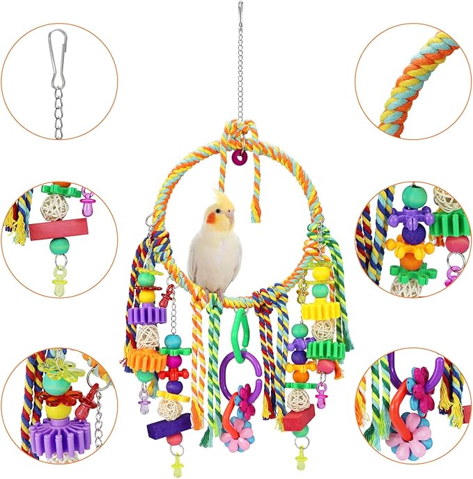 Bird Swing Toy with Perches - Colorful Chewing Toys for Parakeets, Meyers Cockatiel, Conure, Quaker, Caique & Other Medium Sized Birds
