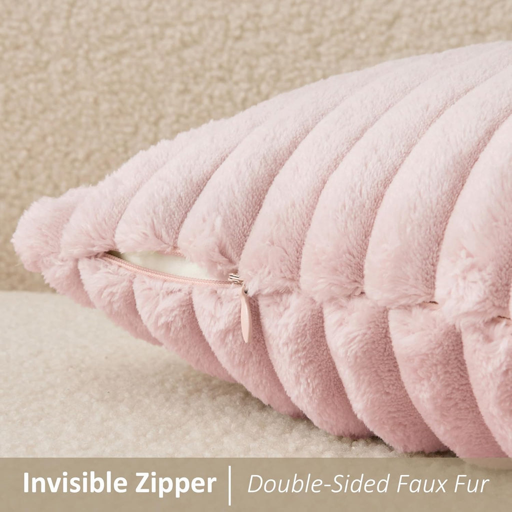 Kevin Textile Valentines Day Soft Plush 12x20 Inch Lumbar Pillow Cover 1 Pack, Luxury Fluffy Faux Fur Striped Flannel Rectangle Cushion Case for Couch Sofa Chair Bed Home Decor Girls Gift, Light Pink