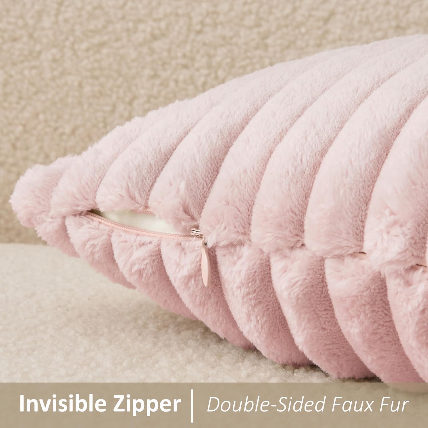 Kevin Textile Valentines Day Soft Plush 12x20 Inch Lumbar Pillow Cover 1 Pack, Luxury Fluffy Faux Fur Striped Flannel Rectangle Cushion Case for Couch Sofa Chair Bed Home Decor Girls Gift, Light Pink