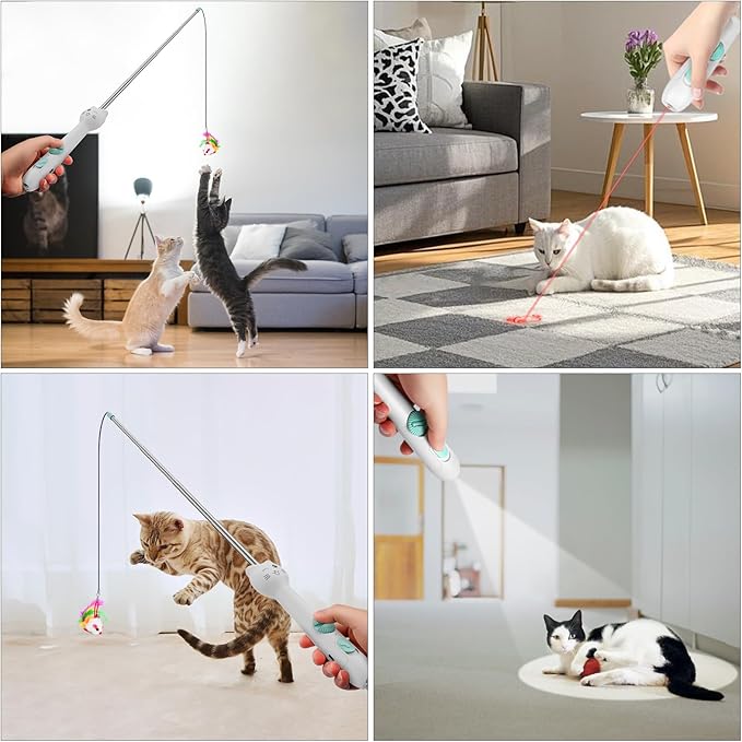 TBTeek Cat Toy, 2in1 Light and Retractable Pole with Feather, Rechargeable, Long Range 5 Modes, Interactive Toy for Indoor Cat Kitten Dog