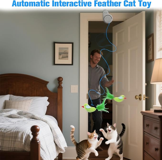 Interactive Cat Toys for Indoor Cats Automatic Electric Flying Bird Feather Cat Toy - Best Kitten & Adult Cat Enrichment Toy Stick-on Hanging Electric Kitty Toys for Bored Cats
