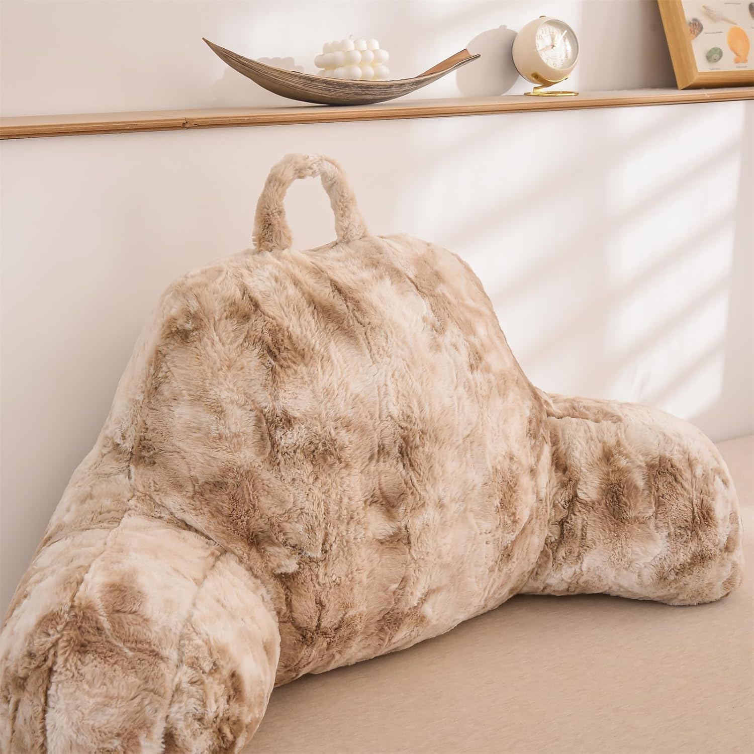 A Nice Night Faux Fur Soft Reading Pillow Bed Wedge Adult Backrest with Arms Back Support for Sitting Up in Bed/Couch for Bedrest, Tie Dyed Khaki