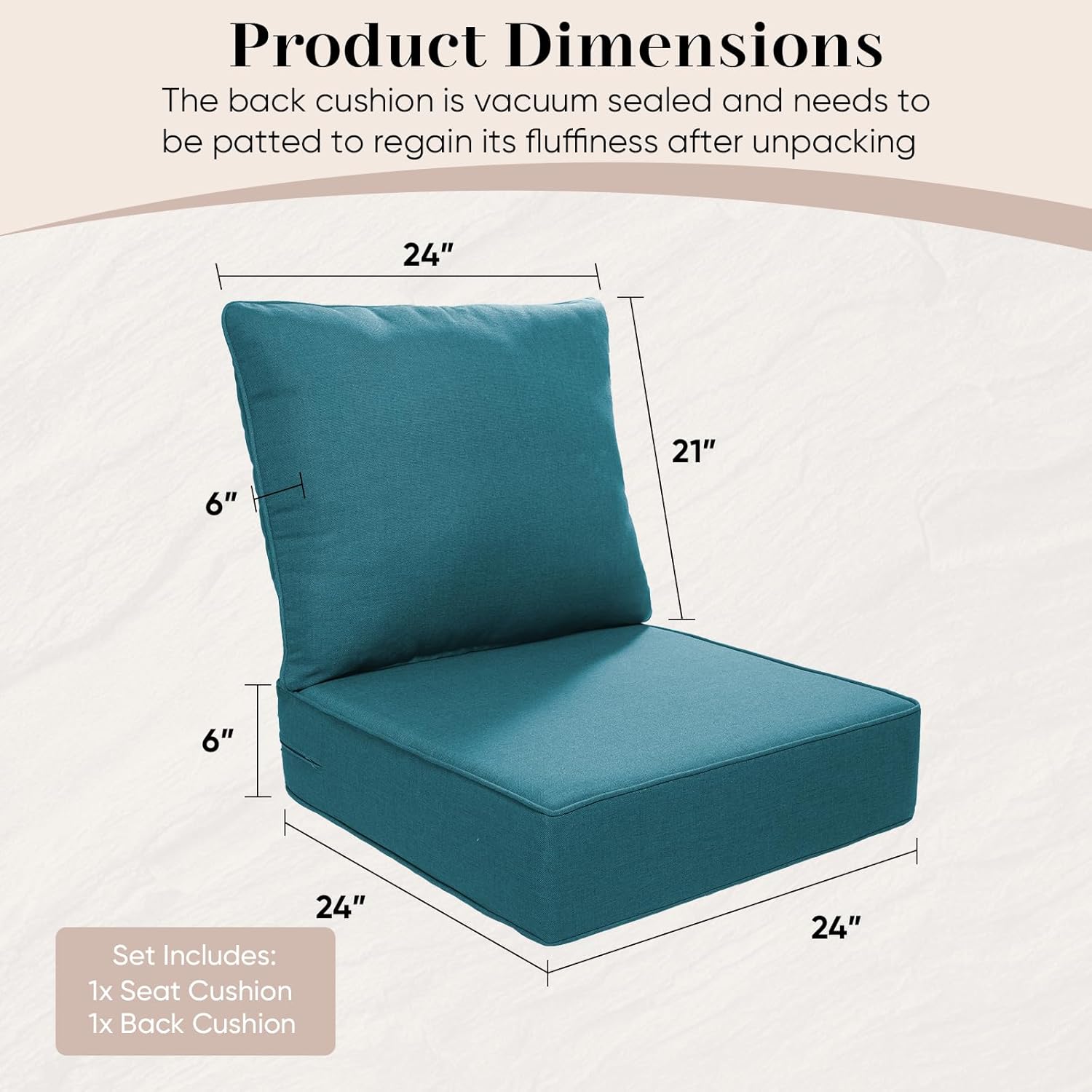 Luxury Outdoor Seat Cushion Set-24 x 24 x 6 Inch Outdoor Chair Cushions Set of 2 with Water Resistant & Removable Cover Outdoor Cushions for Patio Furniture Chair Sofa Couch