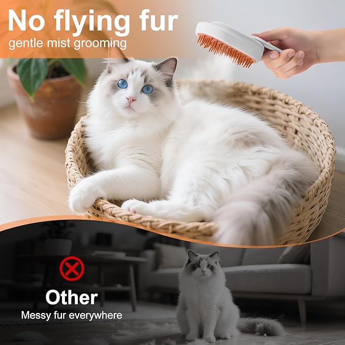 Steam Brush for Cat & Dog – 3-in-1 Spritz Pet Spray Hair Removal Comb for Grooming & Shedding Steam – Water Brush for Long & Short Haired Pets– Includes Two Bottles Waterless Shampoo