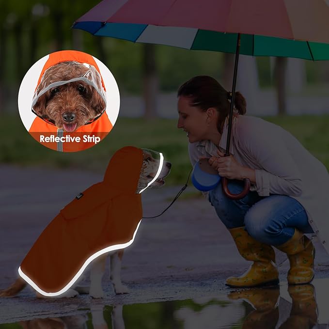 SlowTon Dog Raincoat, Adjustable Dog Rain Jacket Clear Hooded Double Layer, Waterproof Poncho with Reflective Strip Straps and Storage Pocket for Small Medium Large Dogs Puppies(OR M)