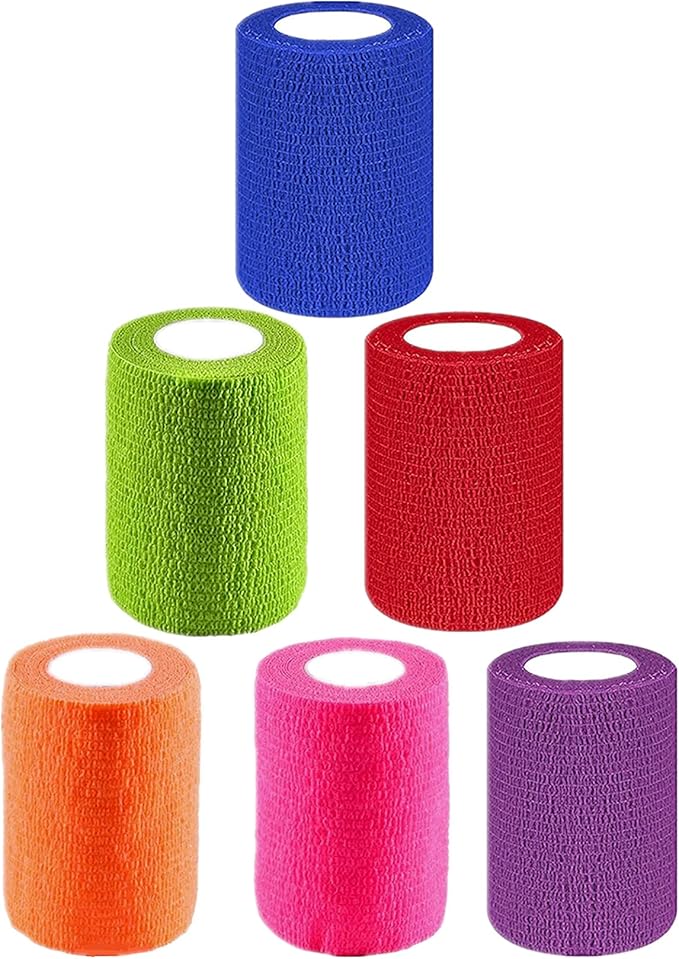 6 Pack 3" x 5 Yards Self Adhesive Bandage Wrap Breathable Cohesive Vet Wrap for Pets, Elastic Self-Adherent Tape for Sports, Wrist, Ankle (Mixed Colors)