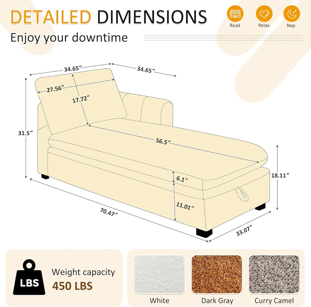 VANOMi Oversized 70.47'' Chaise Lounge Chair Indoor with Storage Space, Modern Upholstered Sofa Bed with Thick Cushion and Left Armrest, Boucle Leisure Recliner for Living Room, Bedroom, Office, Curry