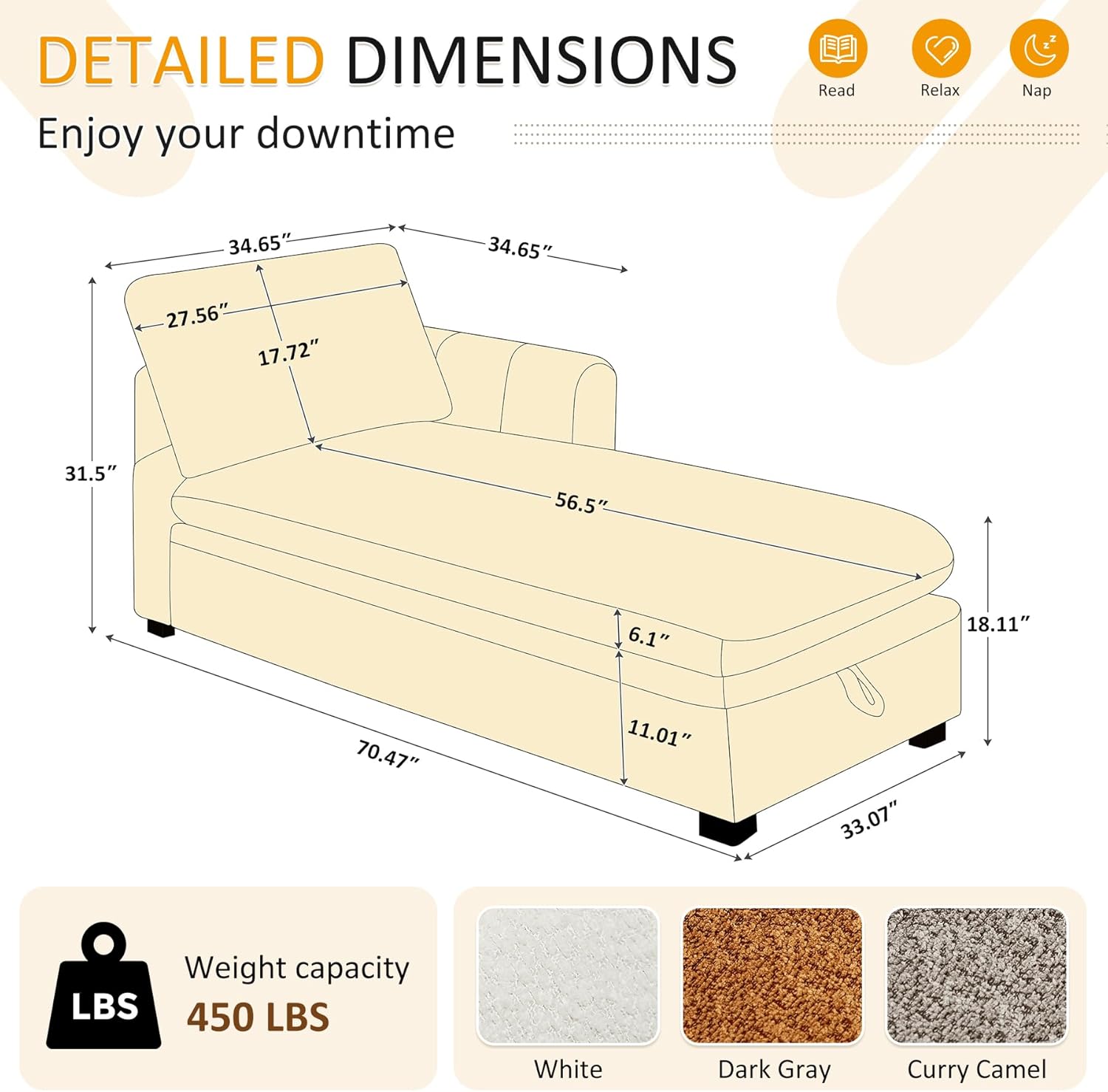 VANOMi Oversized 70.47'' Chaise Lounge Chair Indoor with Storage Space, Modern Upholstered Sofa Bed with Thick Cushion and Left Armrest, Boucle Leisure Recliner for Living Room, Bedroom, Office, White