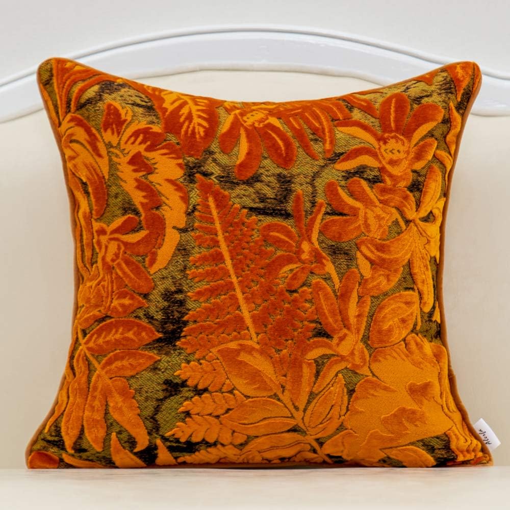 Alerfa 18 x 18 Inch Orange Square Maple Leaf Pillow Embroidery Cut Velvet Cushion Case Luxury Modern Lumbar Throw Pillow Cover Decorative Pillow for Couch Sofa Living Room Bedroom Car