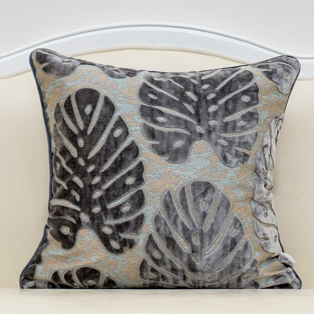 Alerfa 20 x 20 Inch Square Leaf Pillow Embroidery Cut Velvet Cushion Case Luxury Modern Lumbar Throw Pillow Cover Decorative Pillow for Couch Sofa Living Room Bedroom Car, Gray Silver