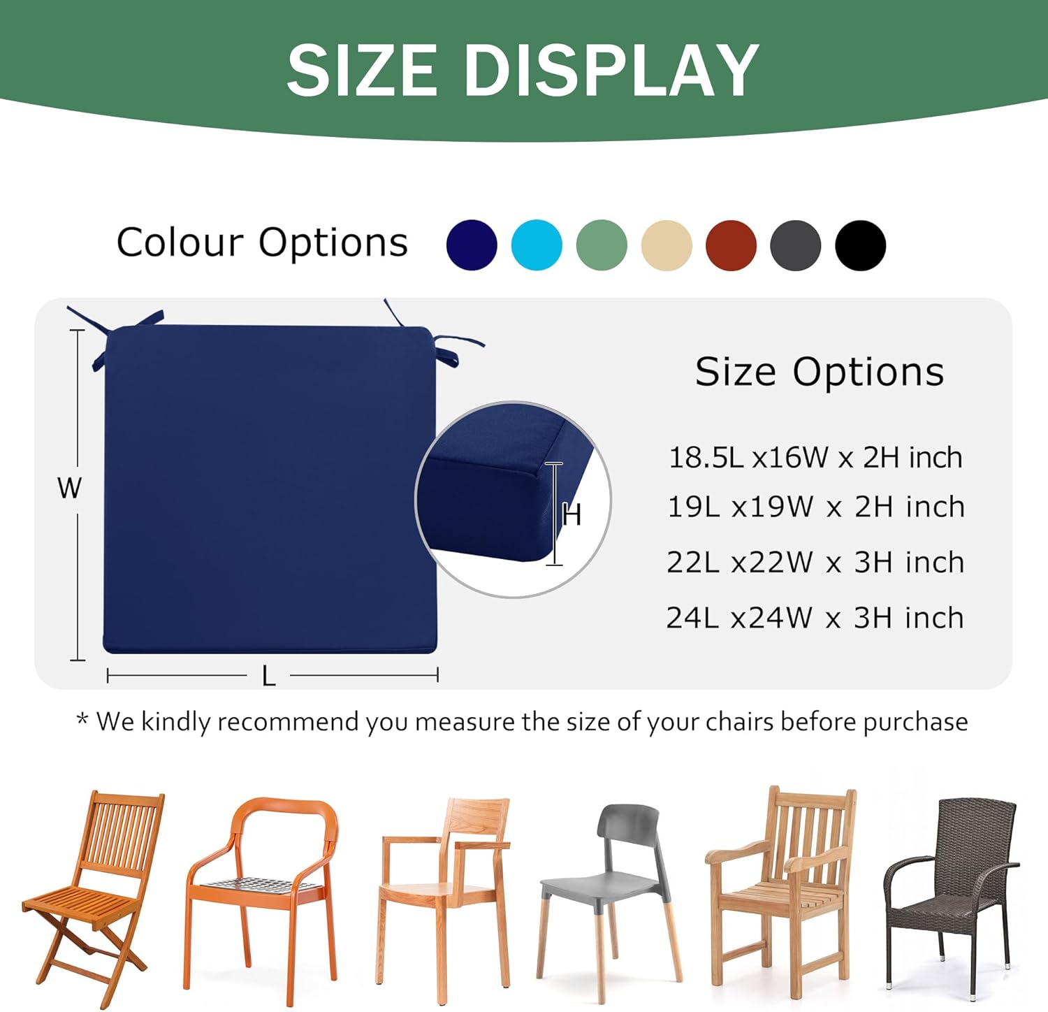 Outdoor Chair Cushions Set of 4: Waterproof & Fade Resistant Seat Cushion for Patio Furniture - 18.5 x 16 x 2 Inch Chair Pads with Ties and Hidden Zipper - Patio Chair Cushion Replacement, Navy