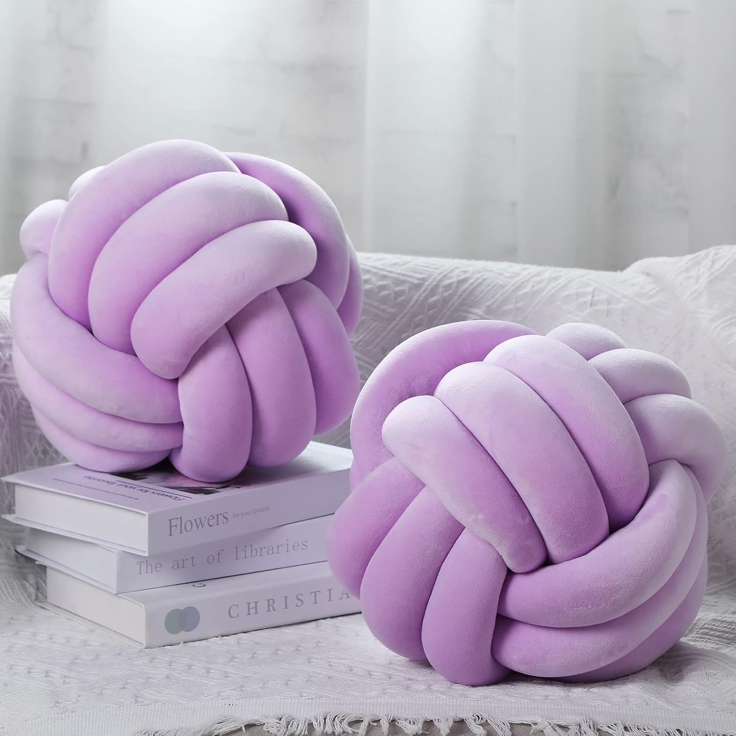 2 Pieces Knot Ball Pillows Round Plush Aesthetic Cushion Pillows Soft Stress Relieving Cute Decorative Knotted Pillows for Kids Bed Sofa Bedroom Decor (Light Purple, 10.6 Inches)
