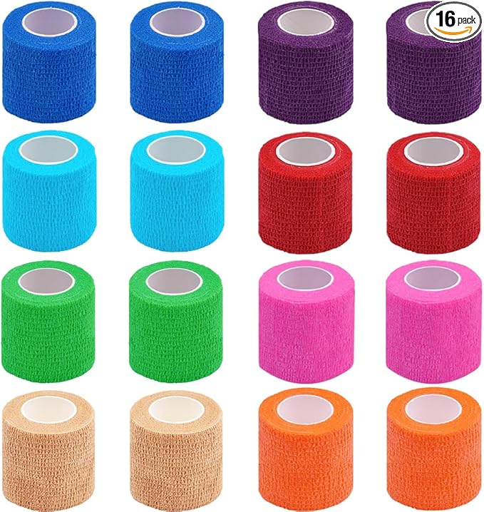 16 Pack Self Adhesive Bandage Wrap, 2" X 5 Yards Mixed Colors Elastic Cohesive Bandage Wrap for Sports, Wrist, Ankle and Vet Wrap, Grip Tape