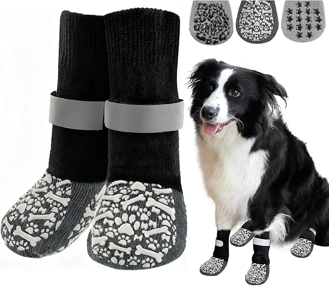 HeavenEye Dog Socks for Hardwood Floors, Anti Slip Dog Paw Protectors Shoes, Maximum Grip Prevent Licking Paws Slipping Hot Cold Pavement Boots for Small Medium Large Senior Dogs(White Bone, XS)