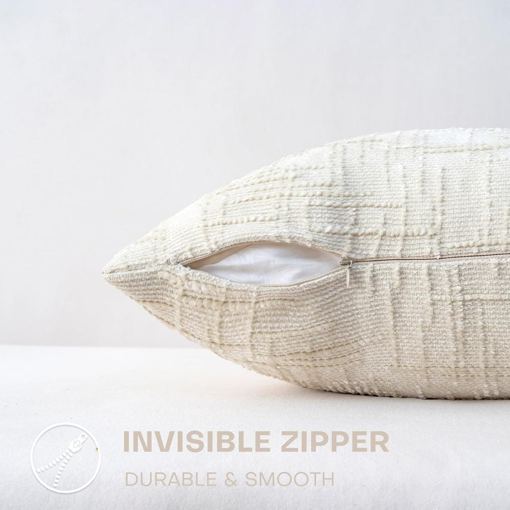 Decorative Throw Pillow Covers 18x18 Inch Set of 2, Soft Solid Farmhouse Chenille Couch Pillows, Spring Pillow Covers for Couch Sofa Bed Living Room Home Decor Pillowcase, Cream White