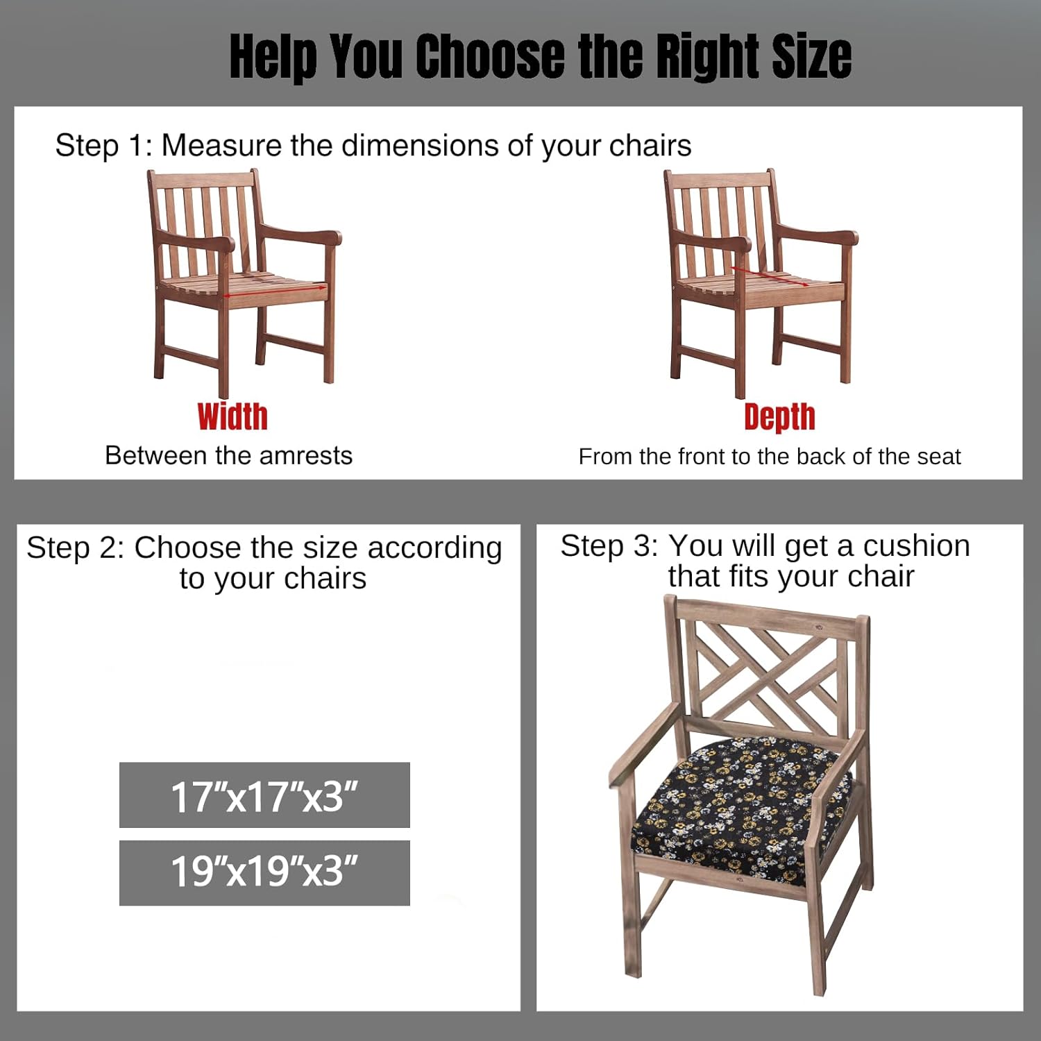 idee-home Outdoor Chair Cushions Set of 4, Thick 17" x 17" x 3" Outdoor Seat Cushions Patio Furniture Waterproof with Ties, Dining Pads