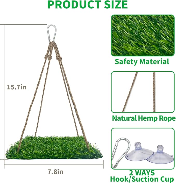 FlidRunest Large Bird Swing Toy, Bird Grass Mat Hammock Swing with Hooks, Parrot Climbing Foraging Toy for Cockatoo,Parakeets,Budgie,Sun Conure, Small to Medium 15.7x7.8 Inches