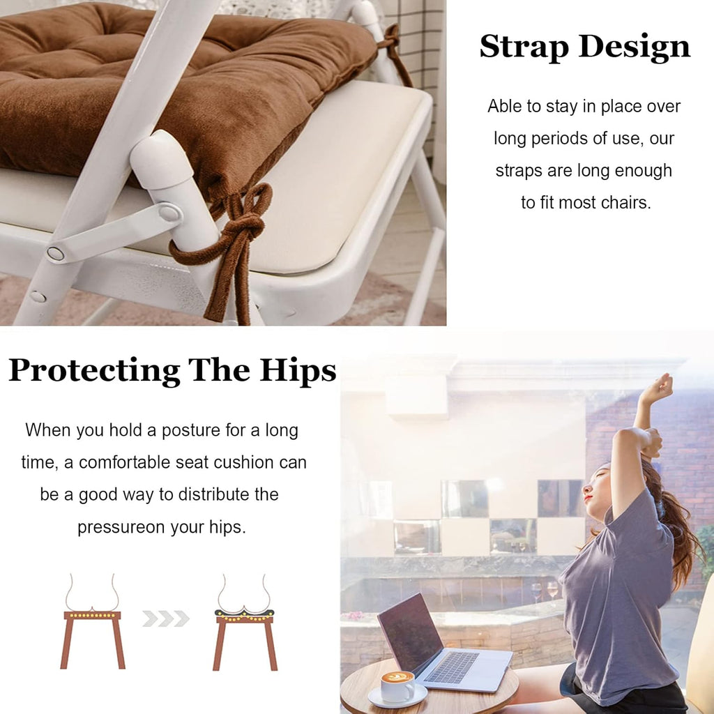 Set of 4 Square Chair Pads Indoor Seat Cushions Pillows with Ties Soft Comfortable Non Slip Chair Mat for Kitchen Dining Office Desk Living Room Outdoor Tatami 15.5" - Coffee