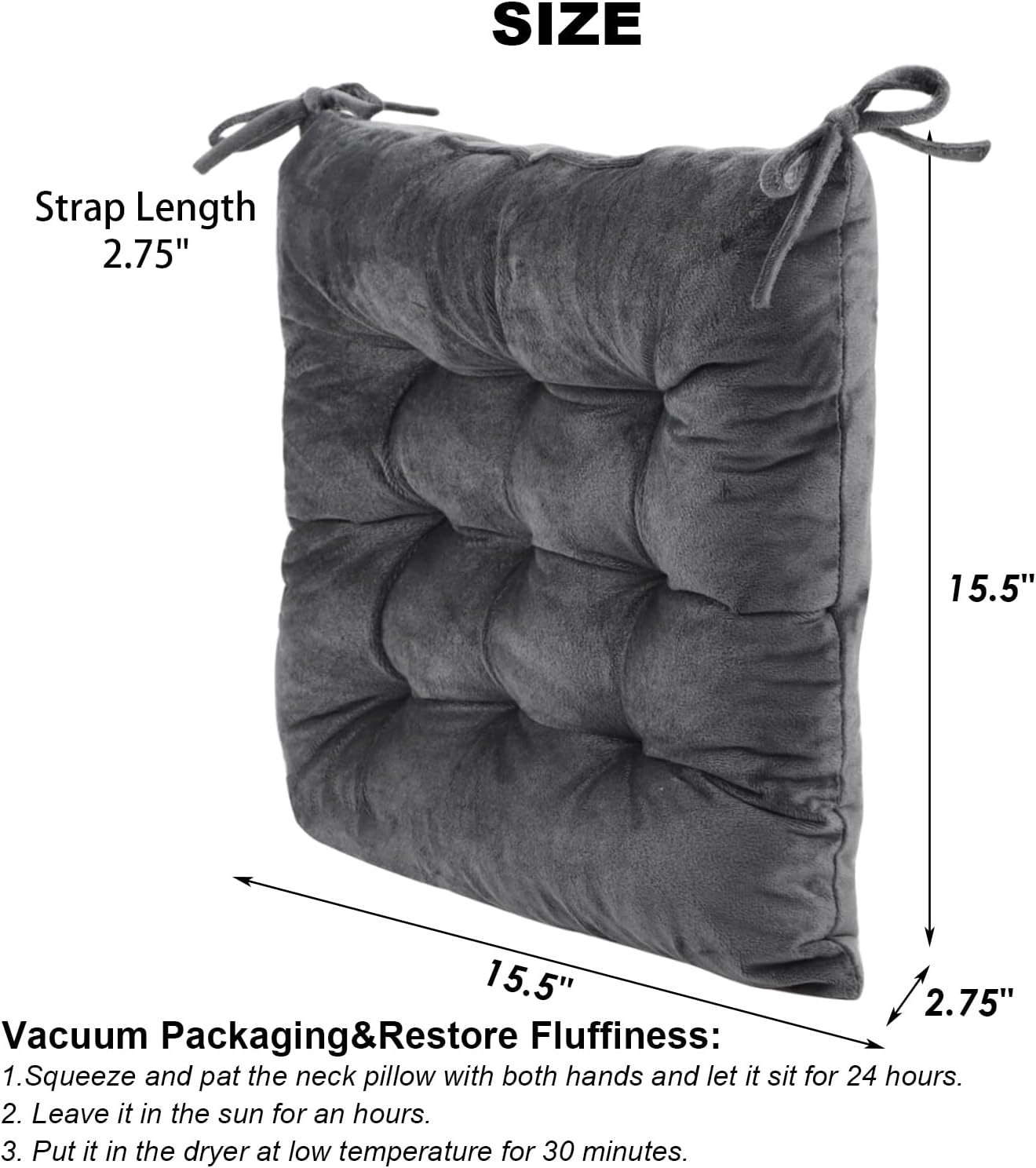 6 Pack Square Seat Cushion Chair Pads for Kitchen Dining Chairs, Soft Comfort Velvet Chair Mat Pillow Cushions with Ties for Office Desk Living Room Tatami 15.5", Dark Gray