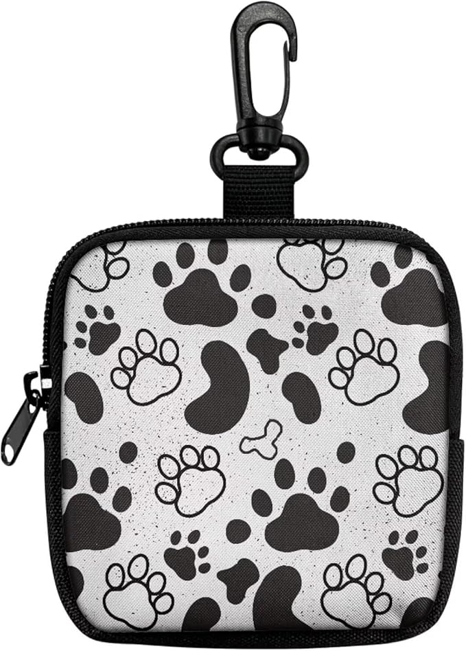 KEIAHUAN Paw Print Zipper Dog Treat Pouch for Pet Walking and Training with Clasp Portable Snack Reward Dog Food Dispenser for Traveling or Outdoor Use, Black Grey