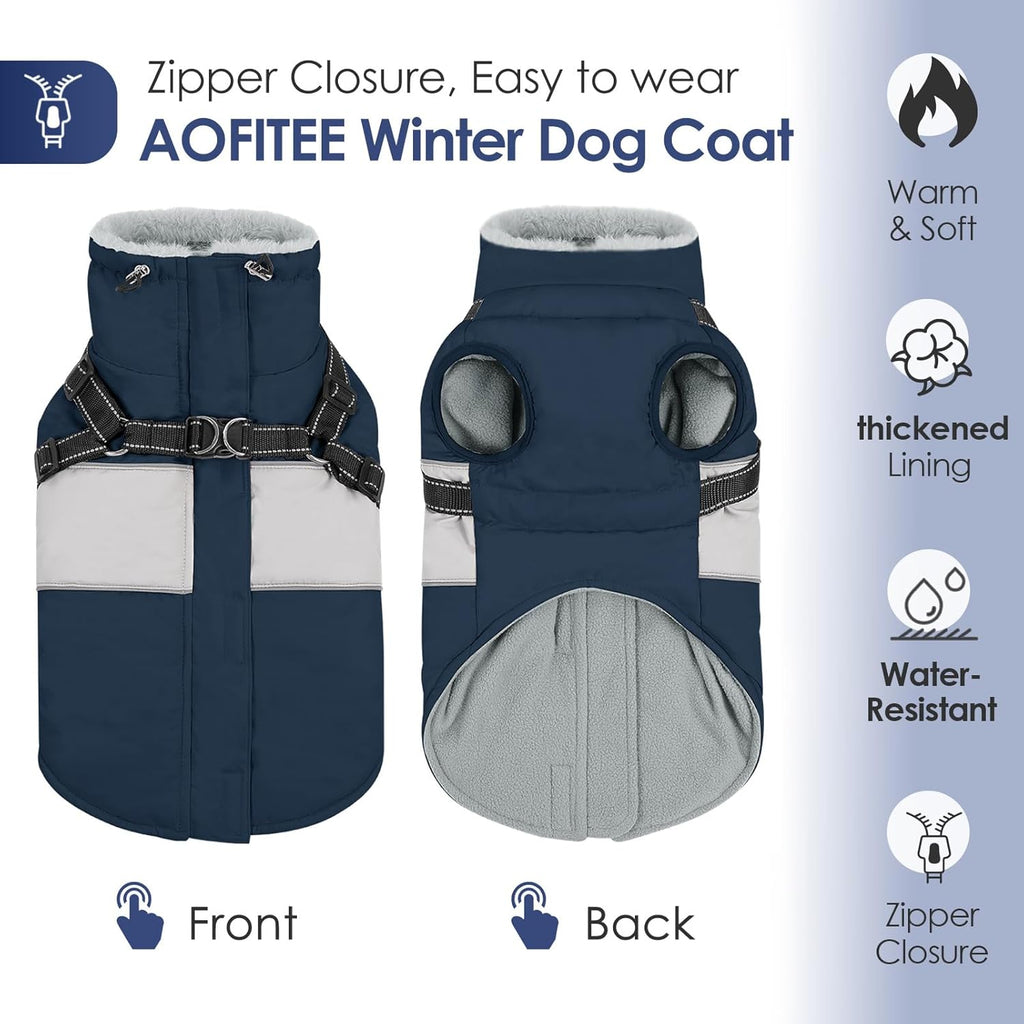 AOFITEE Dog Coat, Warm Dog Jacket with Harness Built in, Waterproof Coats for Small Dogs, Dogs Winter Coat Puffer Jacket with Zipper & Fleece Collar, Pet Snowsuit Sweater for Chihuahua Yorkshire, XS