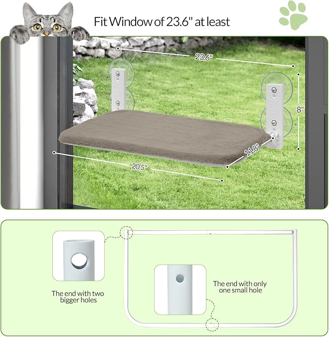 keny Cordless Foldable Cat Window Perch, Reversible Cover with Two Different Kinds of Fabrics, Brown