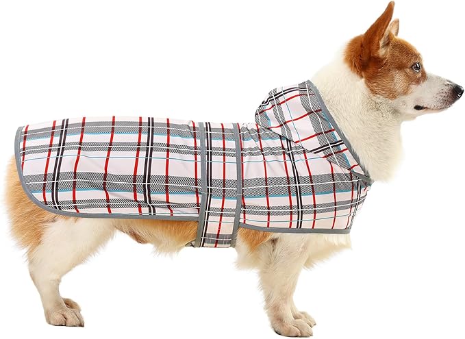 Dog Raincoat for Medium Dogs Waterproof Hooded Rain Jacket with Reflective Strips Leash Hole & Poncho Adjustable Fit (Plaid,L)