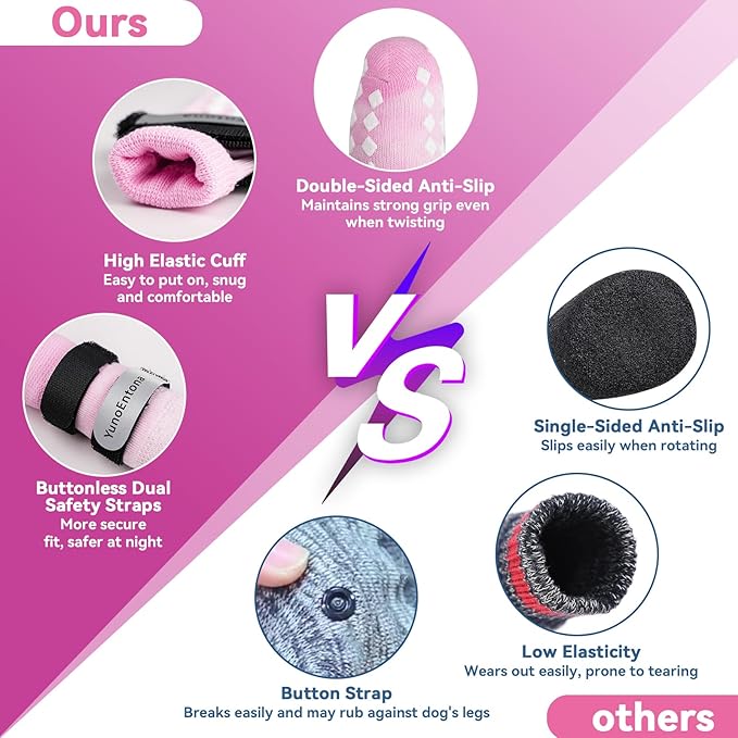 Non Slip Dog Socks to Prevent Licking Paws - for Hardwood Floors Anti Slip - Grippy Socks for Senior Dog - Double Elastic Reflective Straps Prevent Scratching for Hot Pavement. (Pink, L)