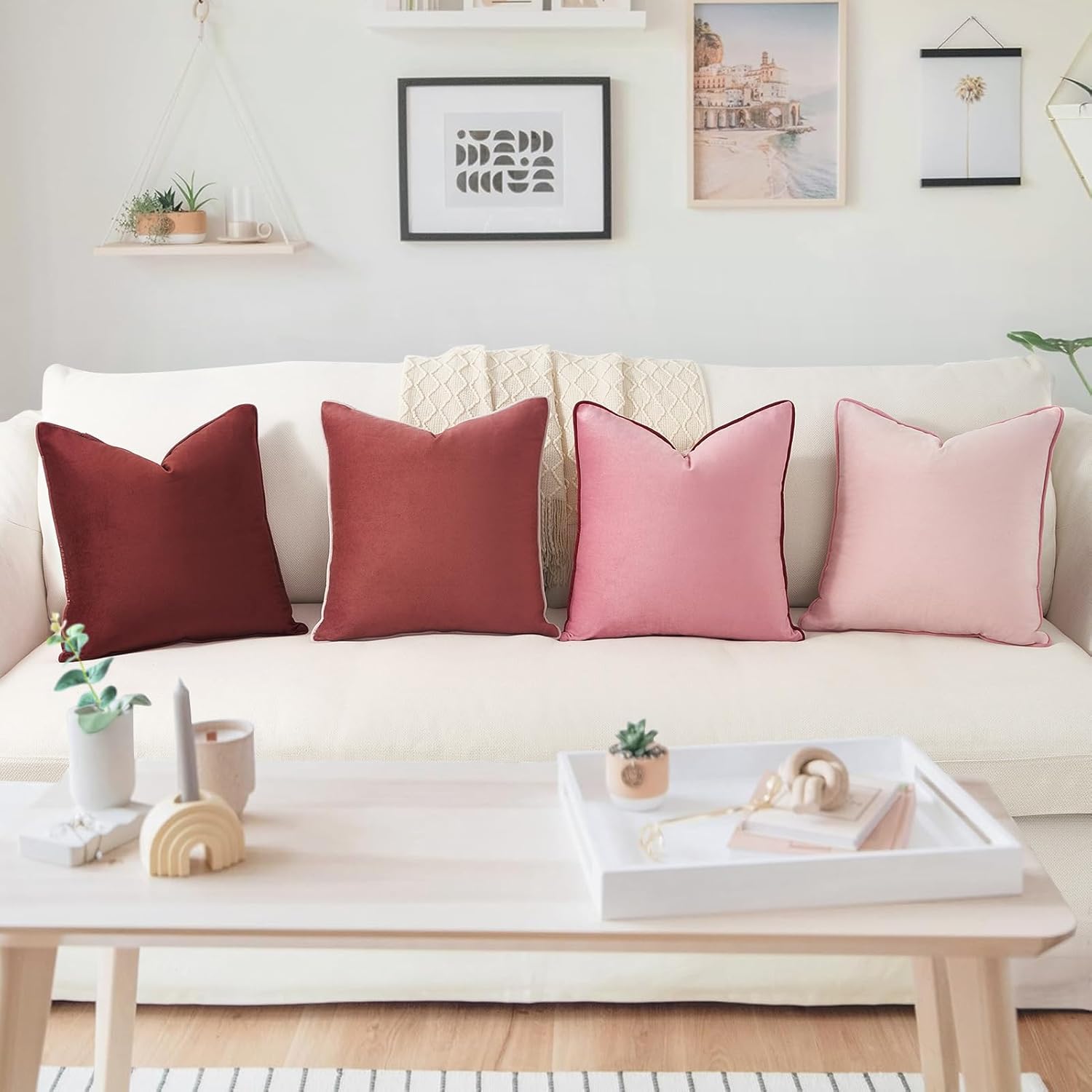 MONDAY MOOSE Decorative Throw Pillow Covers Cushion Cases, Set of 4 Soft Velvet Modern Double-Sided Designs, Mix and Match, Pillow Inserts Not Included (18x18 inch, Pink/Dark Pink)